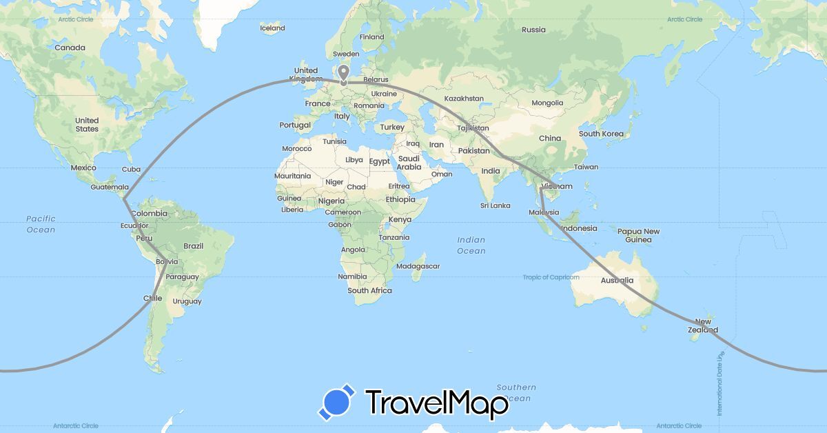 TravelMap itinerary: driving, plane in Bolivia, Chile, Costa Rica, Germany, Malaysia, Nepal, New Zealand, Thailand (Asia, Europe, North America, Oceania, South America)
